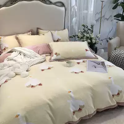 Printed cartoon pastoral style milk velvet four-piece winter warm quilt cover double-sided velvet Falai velvet bed four-piece set