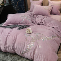 Solid color European Chinese style baby velvet bed hats four-piece set thick encrypted bed sheets quilt cover 2 0 household bedding 1 8