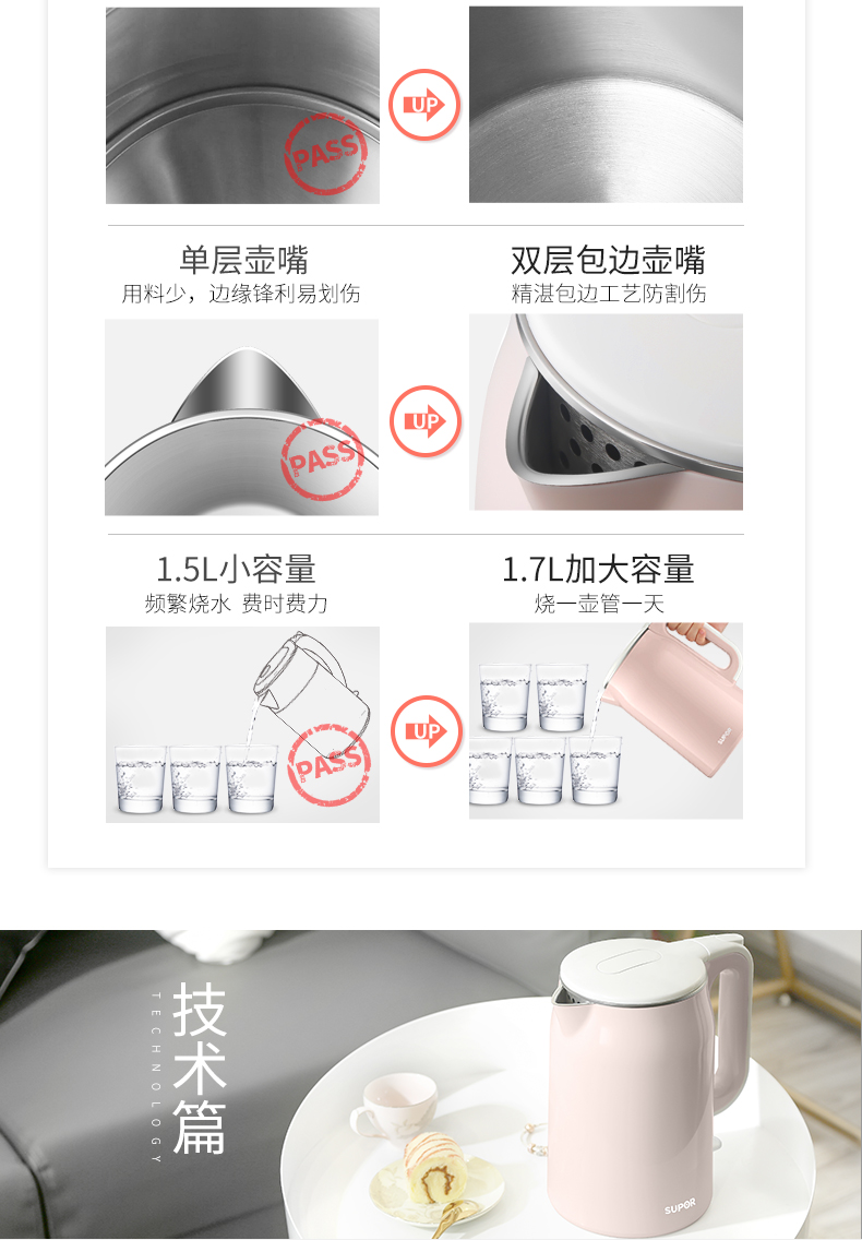 Ấm đun nước điện Supor hộ gia đình 304 thép không gỉ công suất lớn ấm tự động tắt nguồn ấm điện cách điện - ấm đun nước điện ấm siêu tốc aidi