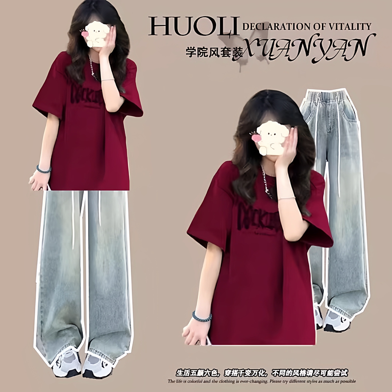 Female Student College Style New Loose Short-Sleeved T-Shirt Women's Summer New Versatile Denim Pants Two-Piece Set Trendy Female Student College Style New Loose Short-Sleeved T-Shirt Women's Summer New Versatile Denim Pants Two-Piece Set Trendy