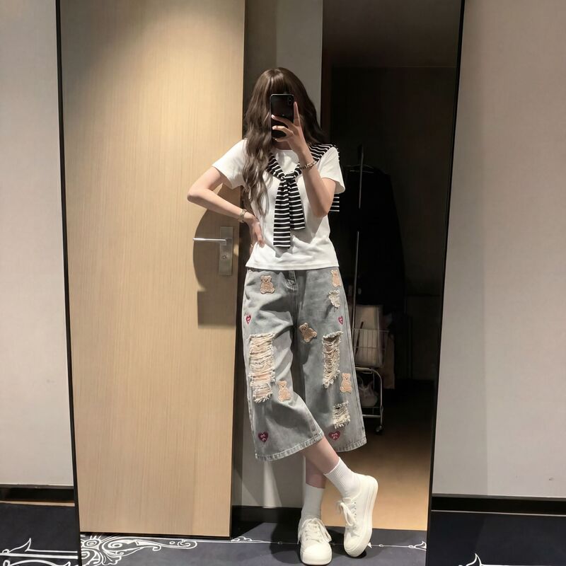 15-Year-Old Girl's Summer Outfit Korean Style Short-Sleeved 16-Year-Old High School Student 12-Year-Old Junior High School Student 14-17 Three-Quarter Length Jeans Two-Piece Set