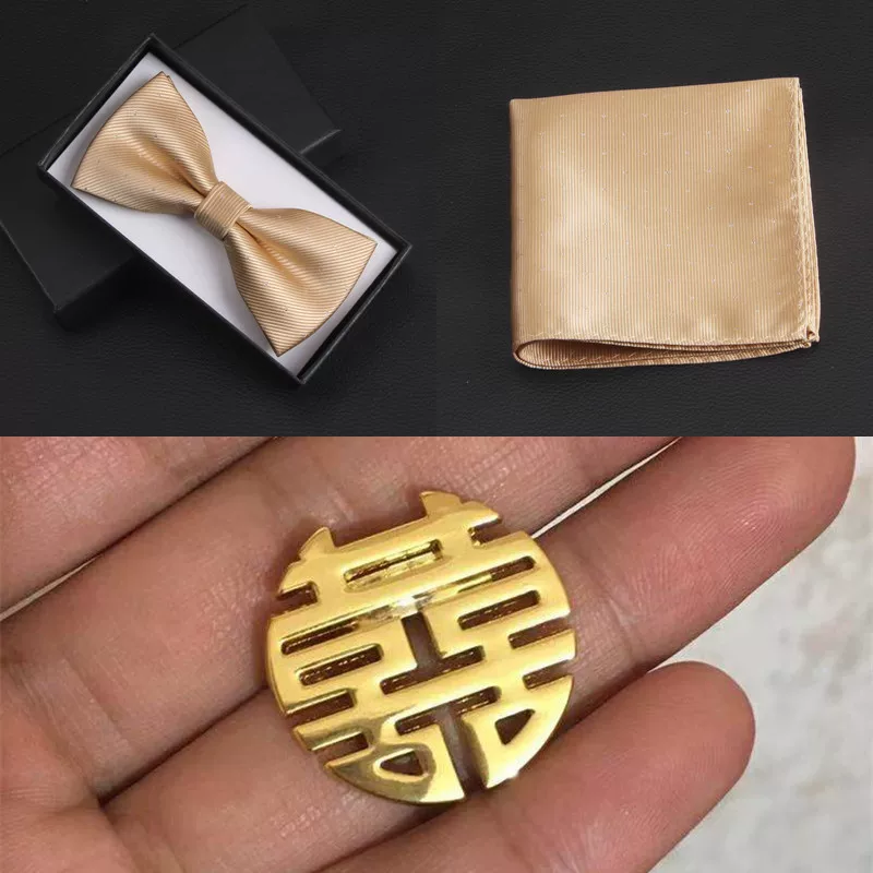 Golden wedding dress for men and women, beige bow tie with bow, champagne color