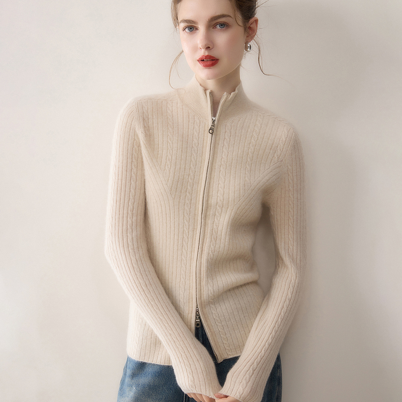 Winter 100% Pure Cashmere Cardigan for Women, Stand-Up Collar, Zippered Knit Jacket, Slim Fit, Commuter Style, Double-Ended Zipper Sweater Winter 100% Pure Cashmere Cardigan for Women, Stand-Up Collar, Zippered Knit Jacket, Slim Fit, Commuter Style, Double-Ended Zipper Sweater
