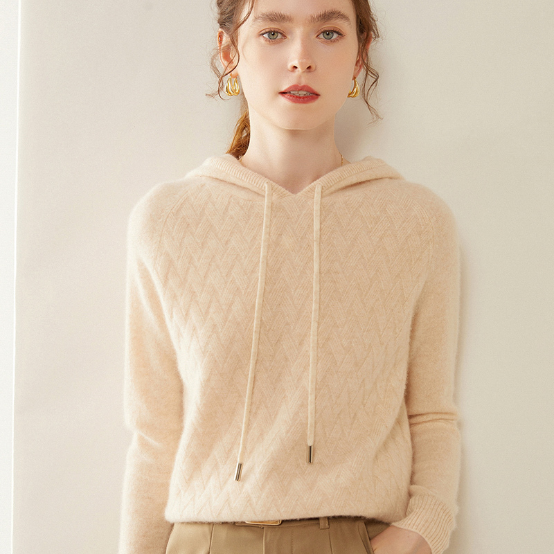 Genuine Cashmere Hooded Sweater for Women, Pullover Outerwear, Versatile Hooded Knit Jacquard Base Layer Genuine Cashmere Hooded Sweater for Women, Pullover Outerwear, Versatile Hooded Knit Jacquard Base Layer
