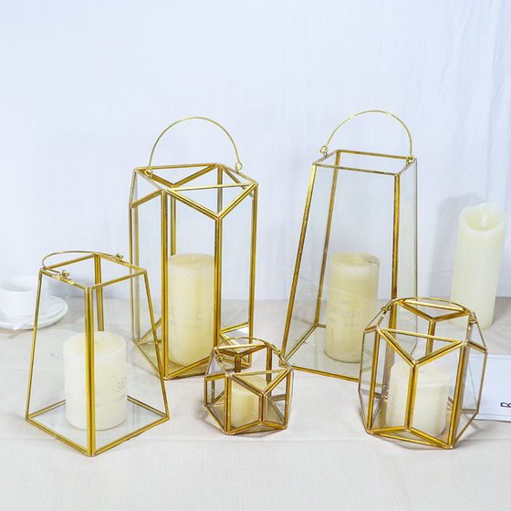 European glass candlesticks, golden windproof creative wedding romantic ornaments, Nordic portable decorations, copper trapezoidal lanterns