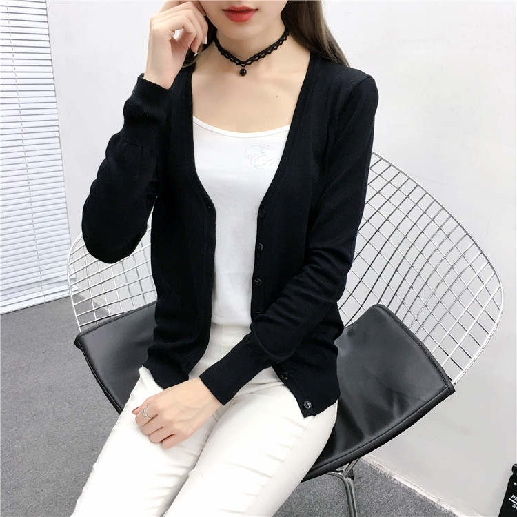Áo len dệt kim mùa xuân và áo len nữ áo len điều hòa không khí bên ngoài áo dài tay cổ chữ V mỏng ngắn mùa hè mỏng áo cổ lọ
