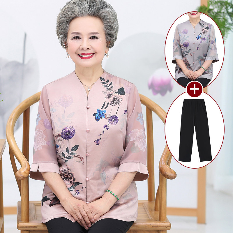 Grandma's summer silk suit Middle-aged and elderly women mulberry silk old man clothes Western-style mother's short-sleeved shirt