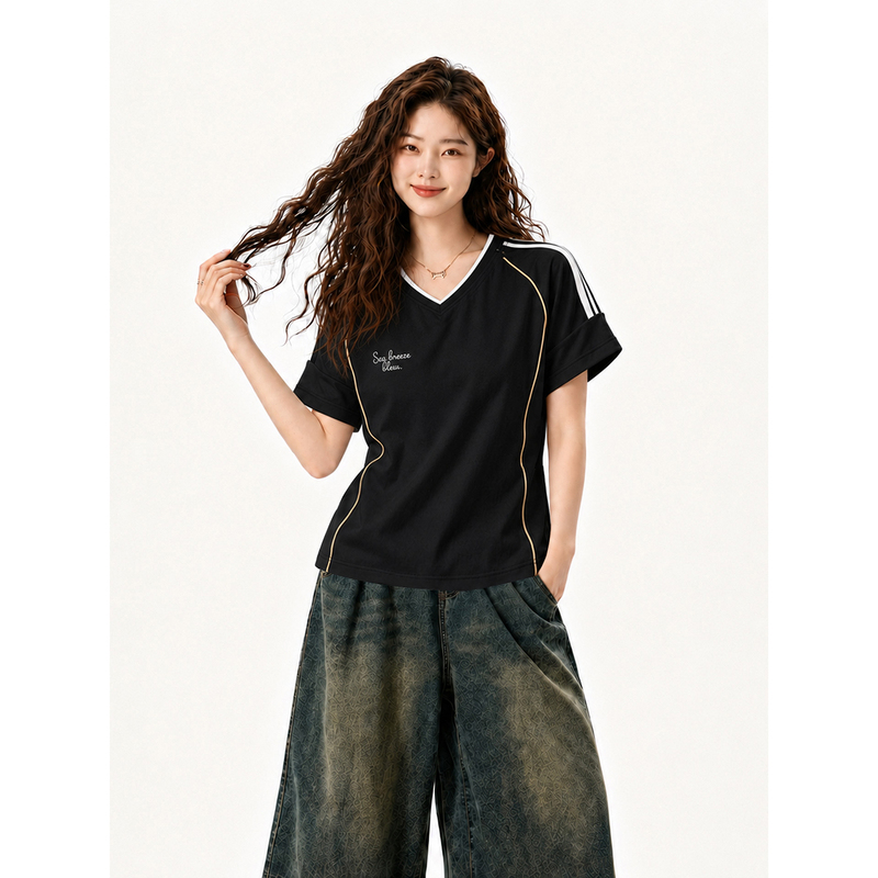 American-Style Black Short-Sleeved T-Shirt for Women, Summer New Style, Plus Size, Slim Fit, Slimming, Sporty Design Top American-Style Black Short-Sleeved T-Shirt for Women, Summer New Style, Plus Size, Slim Fit, Slimming, Sporty Design Top