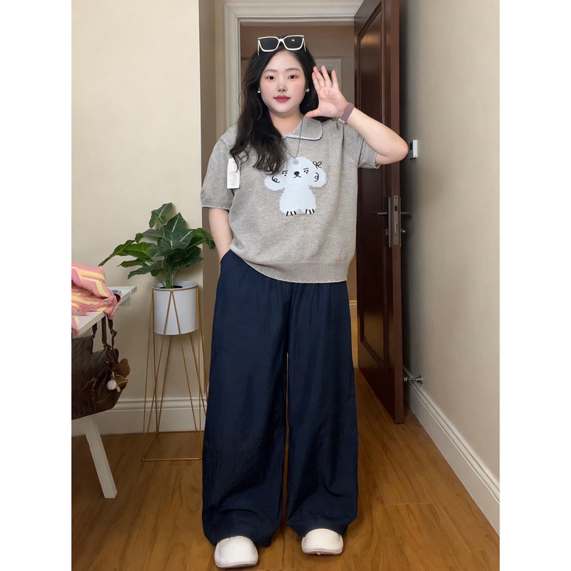 Plus-Size American-Style Embroidered Short-Sleeve Knit T-Shirt for Women, Summer New Style, Loose Fit with Ruffled Edges