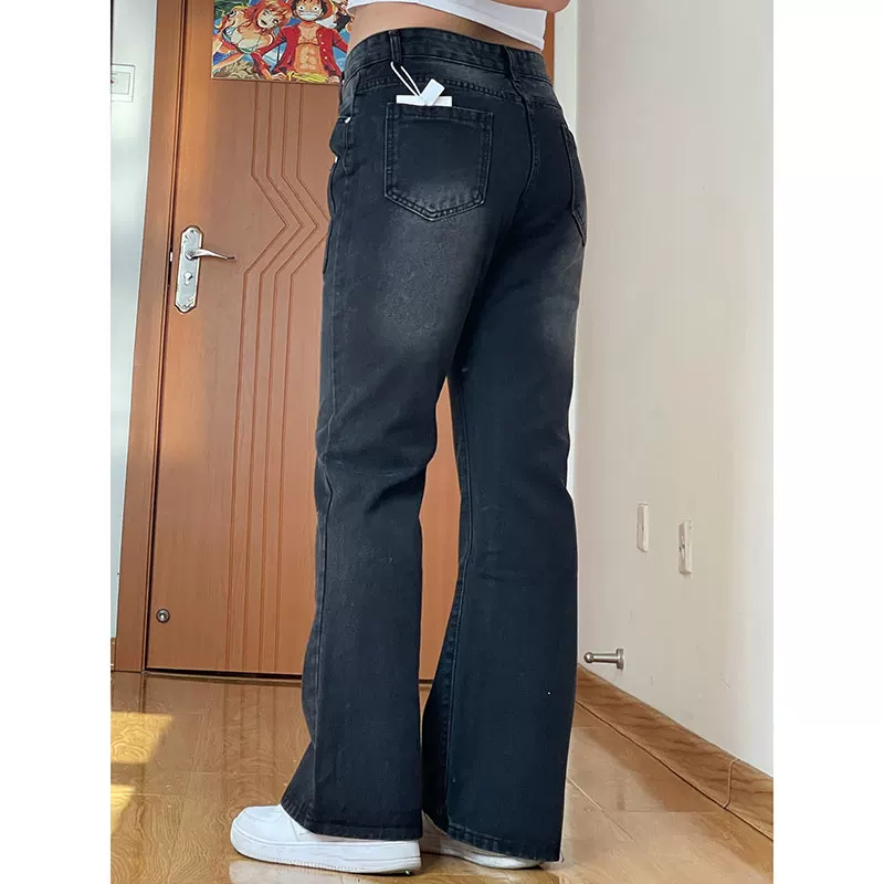 Black autumn jeans, flared trousers, plus size