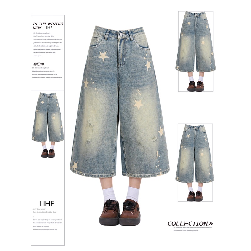 American Retro Star Print Wide-Leg Denim Shorts for Women, Summer Plus Size, High-Waisted, Slimming, Straight-Leg, Capri Pants American Retro Star Print Wide-Leg Denim Shorts for Women, Summer Plus Size, High-Waisted, Slimming, Straight-Leg, Capri Pants