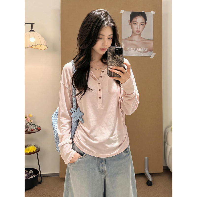 Plus Size Women's Pink Henley Collar Long-Sleeve T-Shirt for Autumn, Slimming Inner Layer Top for Chubby Women, Very Stylish Top Plus Size Women's Pink Henley Collar Long-Sleeve T-Shirt for Autumn, Slimming Inner Layer Top for Chubby Women, Very Stylish Top