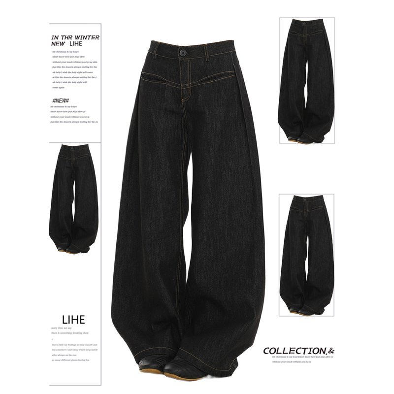 150kg American-Style Black Scimitar Jeans for Women, New Spring Model, Plus Size, Slimming for Pear-Shaped Body, Wide-Leg Pants