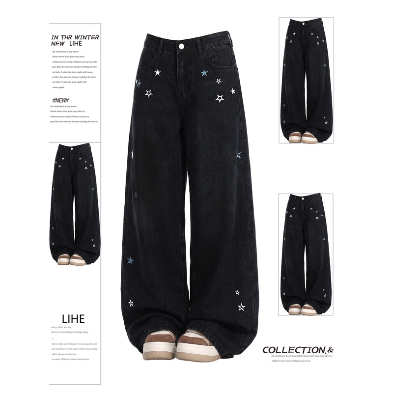 Plus Size Women's Black Star Embroidered Wide-Leg Jeans, New Summer Style for Fat Women, High-Waisted Slimming Straight Pants