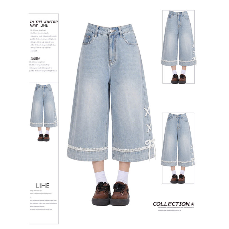 Plus-Size Bow-Tie Wide-Leg Denim Capri Pants for Women, New Summer Shorts for Plus-Size Women, High-Waisted Slimming Straight-Leg Pants