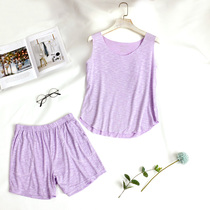 Summer thin pajamas female bamboo knob knife waist shorts bamboo fiber bamboo fiber home suit 7 wide legs pure color