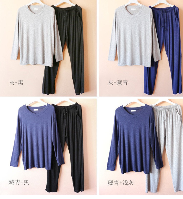 Có thể mặc áo thun cotton nam cổ chữ V dài tay áo ngủ dài quần mỏng thể thao giản dị đồ ngủ phù hợp với dịch vụ gia đình bộ jum đẹp