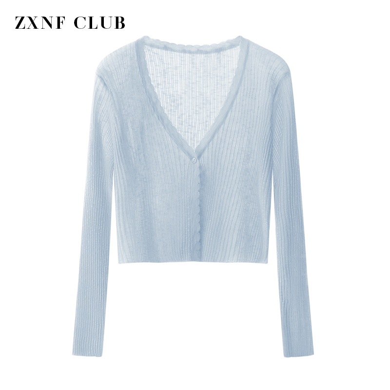 Summer Thin Ice Silk Knit Cardigan for Women, Sun Protection, Blue Outerwear, Paired with a Slip Dress, Small Jacket, Shawl