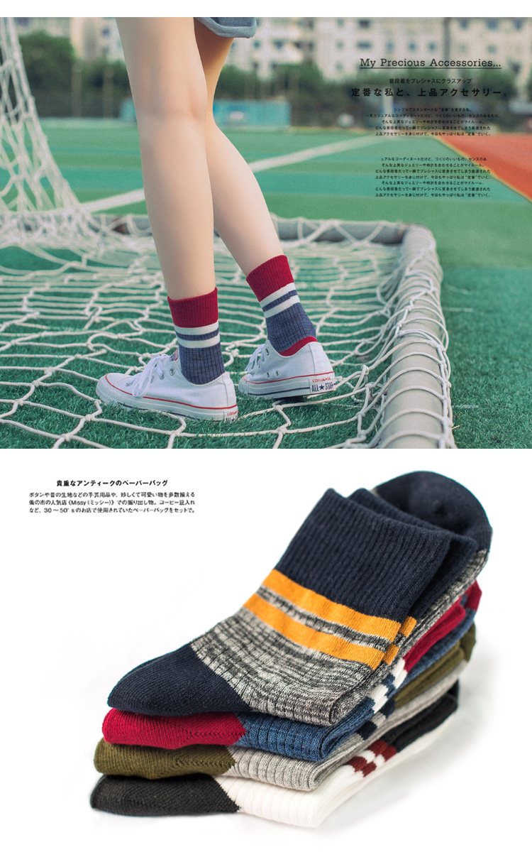 Vớ mùa xuân của phụ nữ cotton Nhật Bản vớ thể thao nữ vớ ống màu hai thanh vớ của phụ nữ cao đẳng gió sọc vớ của phụ nữ