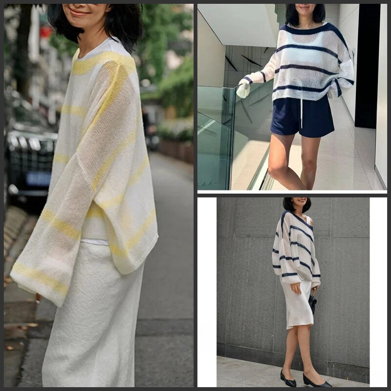Sicilian Memory” Series Cashmere Silk Cloud-Like Knitted One-Neck Striped Top/Full-Up Sicilian Memory” Series Cashmere Silk Cloud-Like Knitted One-Neck Striped Top/Full-Up