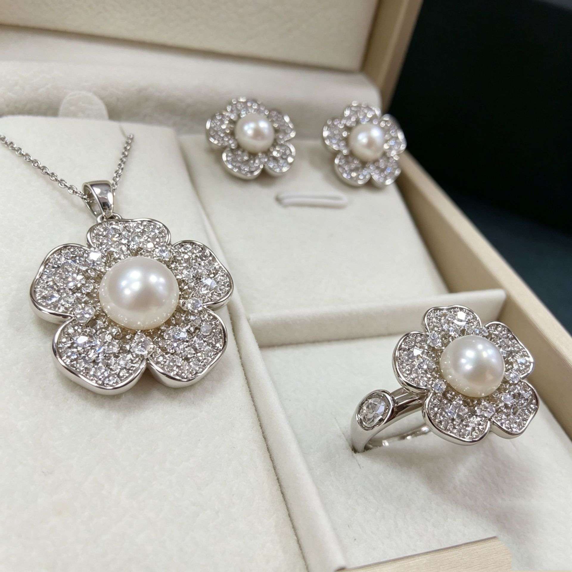 Natural freshwater pearl flower jewelry set Zircon inlaid pearl necklace earrings stud ring three-piece set