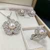 Natural freshwater pearl flower jewelry set Zircon inlaid pearl necklace earrings stud ring three-piece set