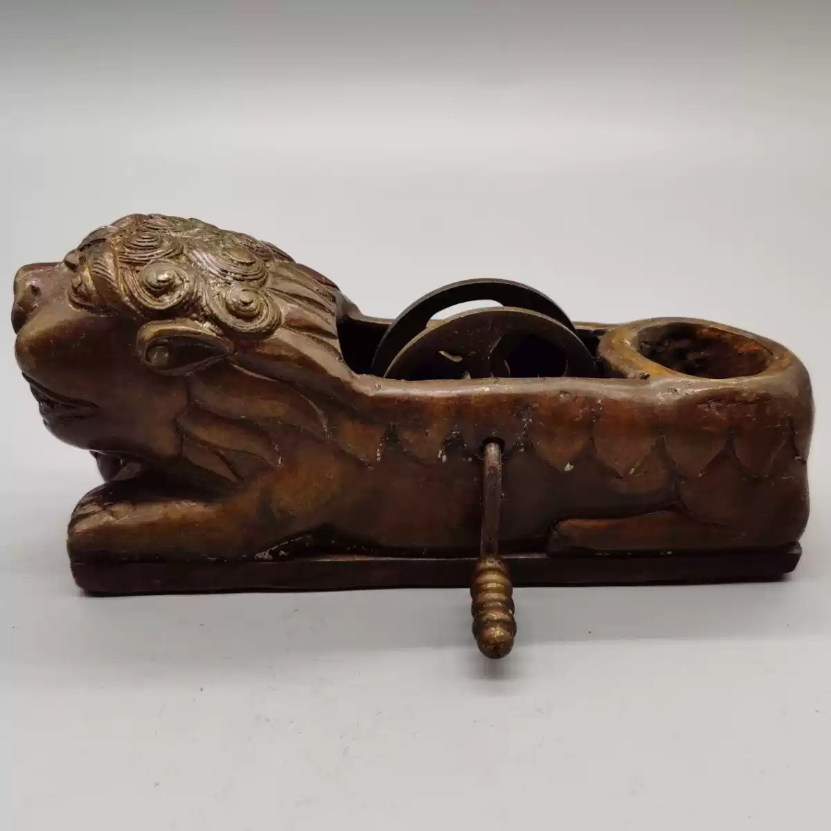 铜器大号狮头墨斗摆件古玩杂项收藏铜老式墨斗线墨