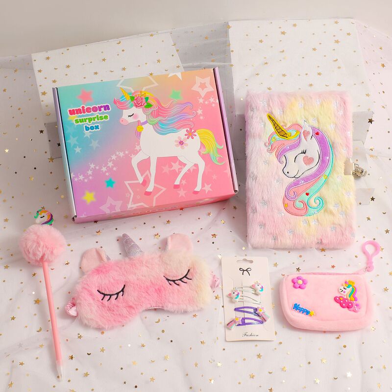 Cartoon Kidsren's Unicorn Plush Notebook Color Box Stationery Combination Set Female Student Holiday Prize Gift