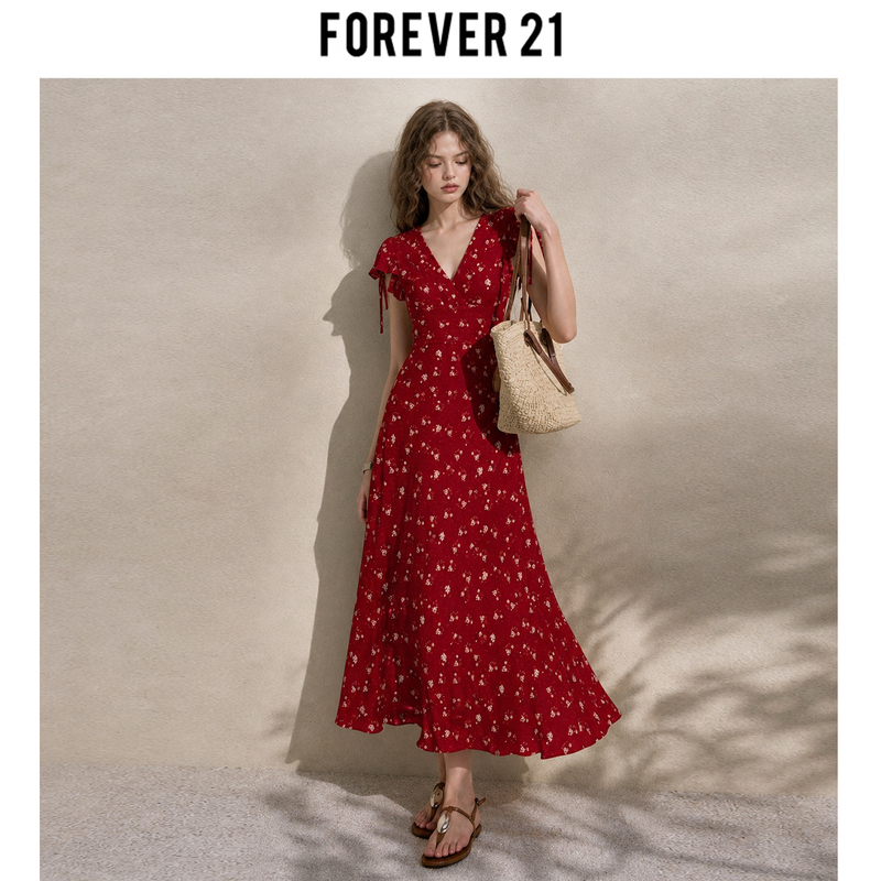 Forever 21 Summer Slim-Fit V-Neck Dress with Waist-Cinching Short Sleeves, Floral Elegant Red Fashion Versatile Women's Dress Forever 21 Summer Slim-Fit V-Neck Dress with Waist-Cinching Short Sleeves, Floral Elegant Red Fashion Versatile Women's Dress