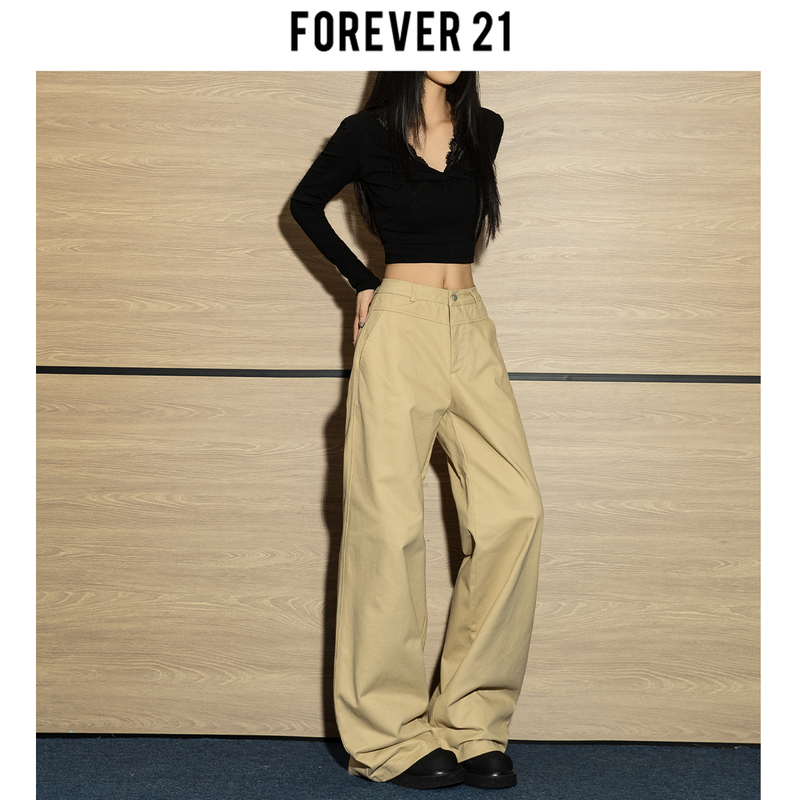 Forever 21 Y2K Aesthetic Retro Khaki Wide-Leg Casual Pants Loose Straight-Leg Pants for Women Autumn