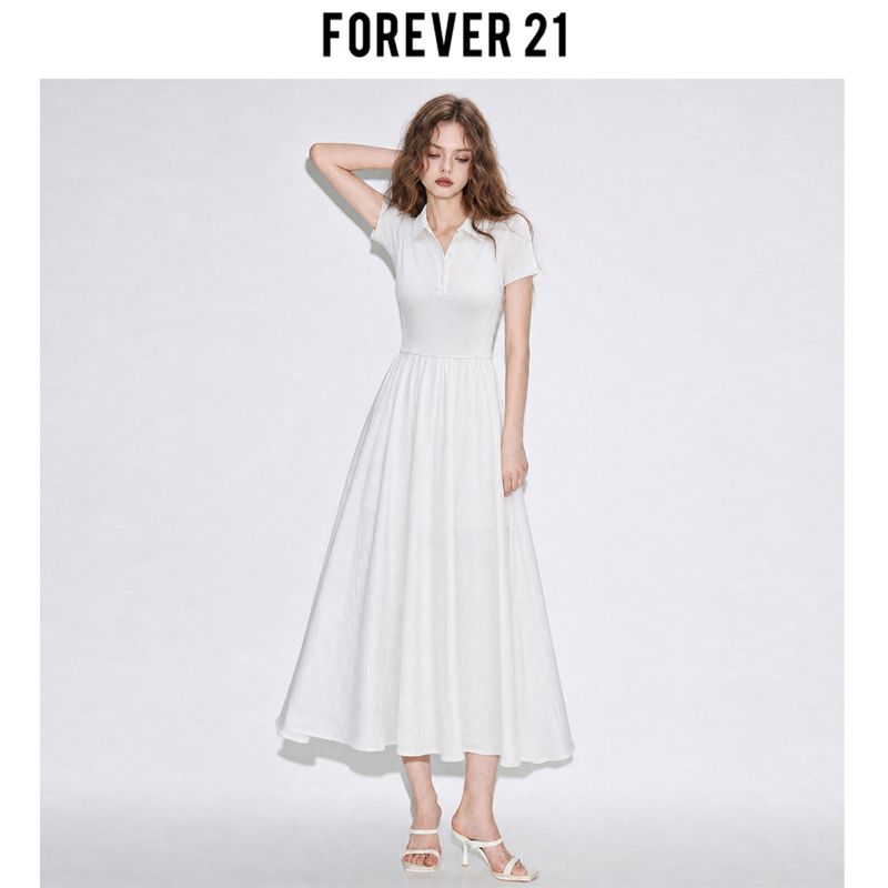 Forever 21 White Moonlight Polo Collar Short-Sleeved Dress for Women, Summer Korean Style White A-Line Waist-Cinching Long Skirt Forever 21 White Moonlight Polo Collar Short-Sleeved Dress for Women, Summer Korean Style White A-Line Waist-Cinching Long Skirt