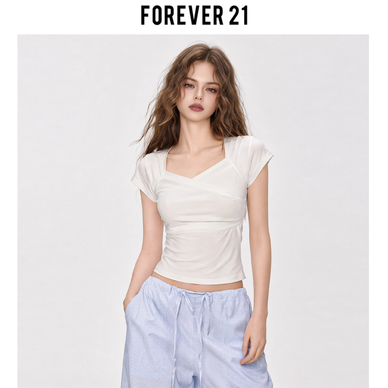 Forever 21 Super Stylish White Regular Shoulder V-Neck Short-Sleeve T-Shirt Top for Women, New Spring/Summer Unique Slim-Fit Blouse