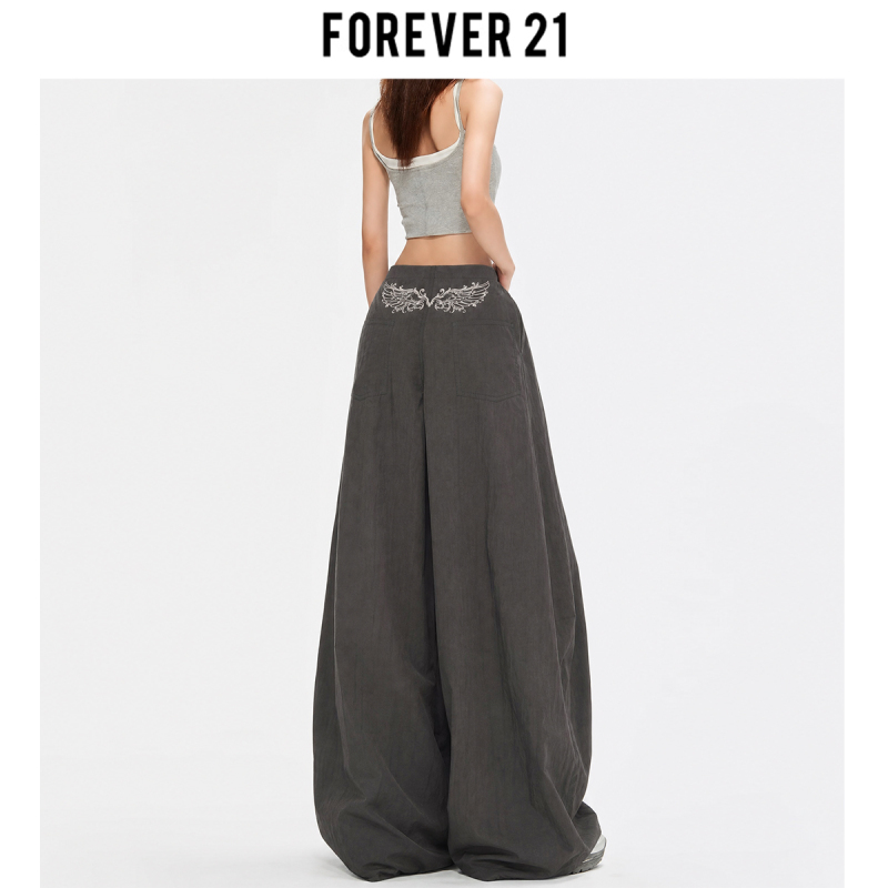 Forever 212026 Summer New Style Girls' Embroidered High-Waisted Wide-Leg Pants Casual Straight Dark Color Trendy Women's
