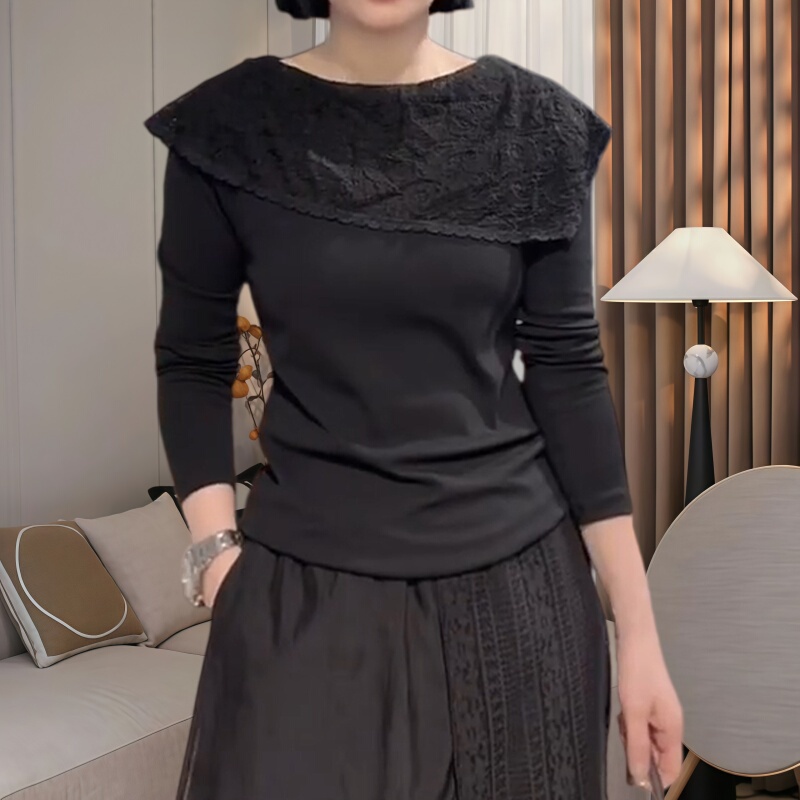 Plus-Size Black Lace Shawl Collar Pullover T-Shirt for Women, Spring and Autumn Fashion Versatile Base Layer Top Trendy