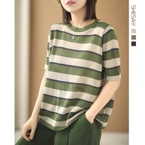 Plus size womens retro contrasting stripes fat women short-sleeved sweaters thin tops 2023 summer literary and artistic versatile