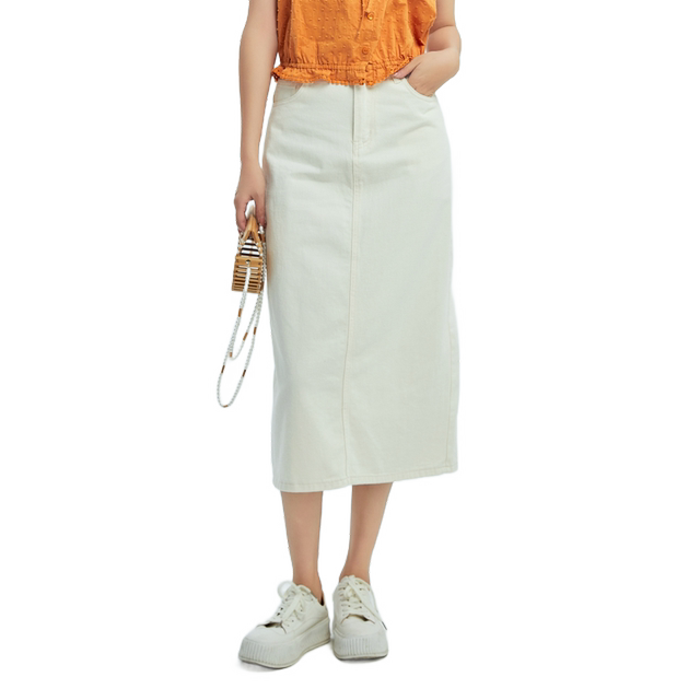 Xuanri high waist white denim long skirt