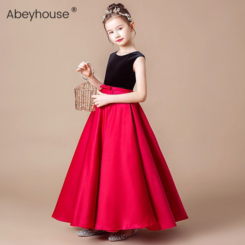 Girls' long version evening dress original black velvet middle-aged children's piano performance costumes students little host princess dress