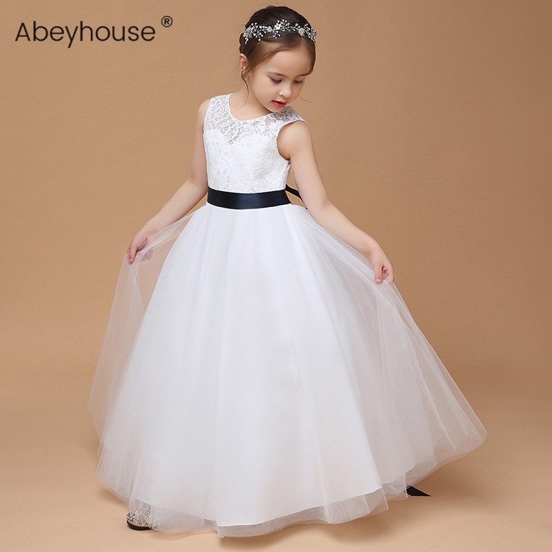 Girls evening dress white long version piano performance high-end children's birthday princess dress super fairy wedding flower girl dress