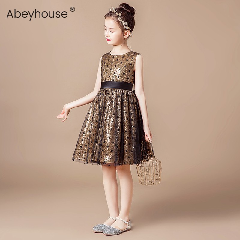 Girls evening dress model catwalk princess dress fluffy yarn gold sequins birthday little host dress skirt autumn and winter