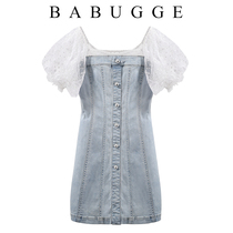 Small Crowddesign Sensation Bubble Sleeves Splicing Denim Dress Dress Woman Sashimi Slim collar Xias new temperament Skirt Tide