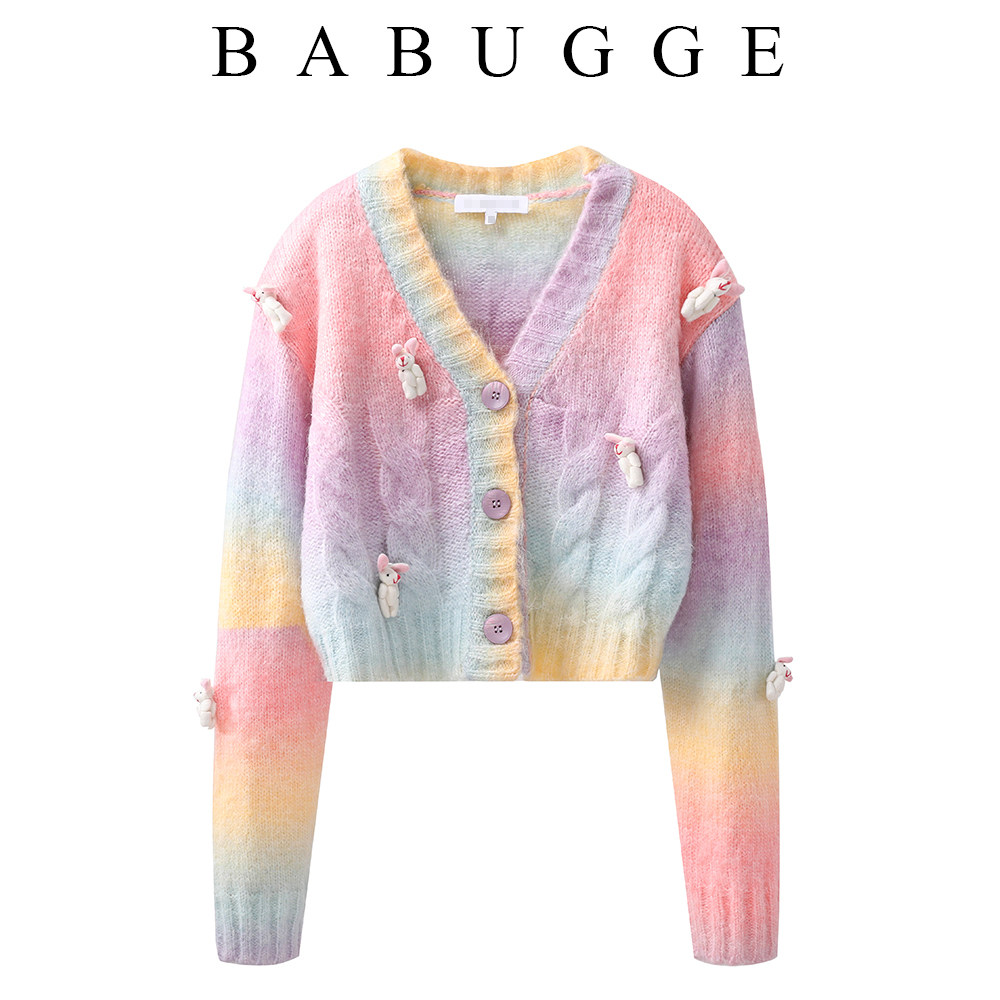 2022 autumn and winter new lazy wind rainbow sweater coat women's short V-neck knitted cardigan gentle wind top