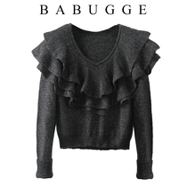 Ruffle pullover sweater womens 2020 autumn and winter new Korean loose V-neck outer wear long-sleeved black sweater