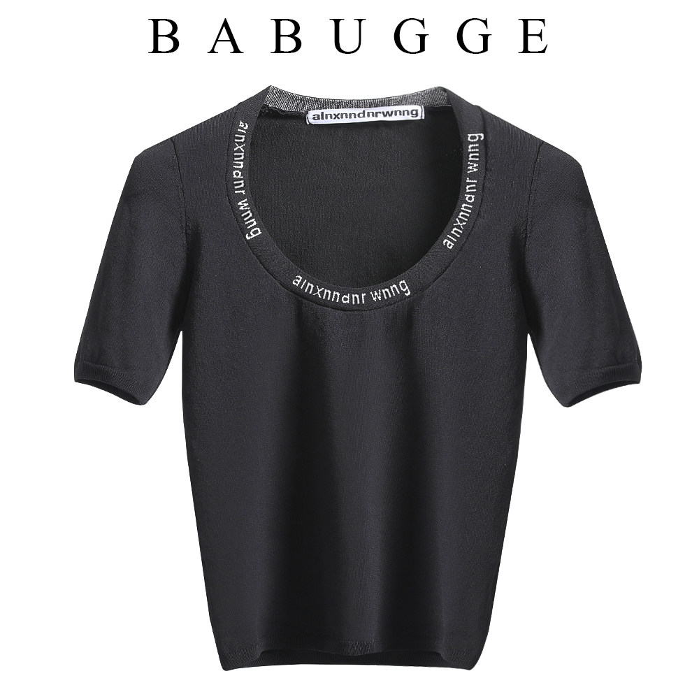 Han Edition Sashimi Slim Black T-Shirt Woman New Early Autumn Niche Design Sensation Letter Jacquard Short Sleeve Ice Silk Blouse