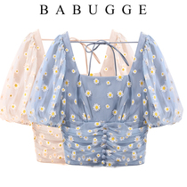 Square collar short sleeve shirt female Korean version Short-style blue hewn lantern sleeve snow-spinning shirt Summer new blouses