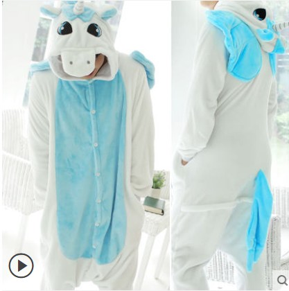 Couple men and women cartoon animal flannel one-piece long-sleeved cute anime blue unicorn pajamas children's home clothes