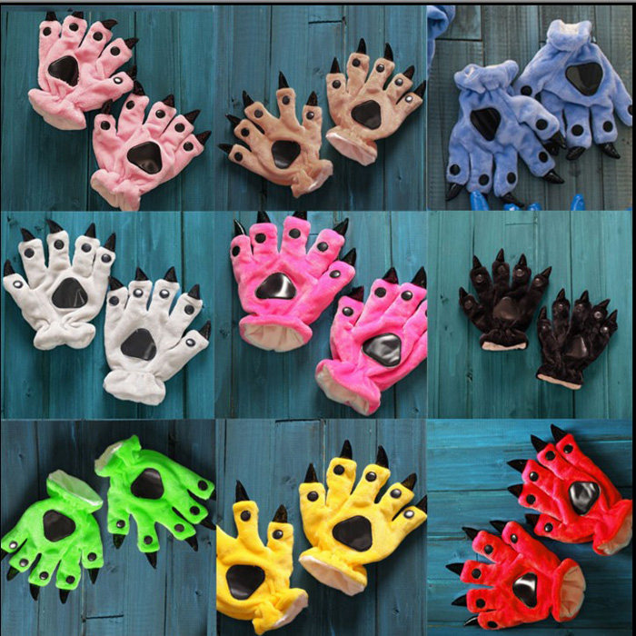 Autumn and winter flannel cartoon children's one-piece pajamas animal dark green red yellow blue paw gloves