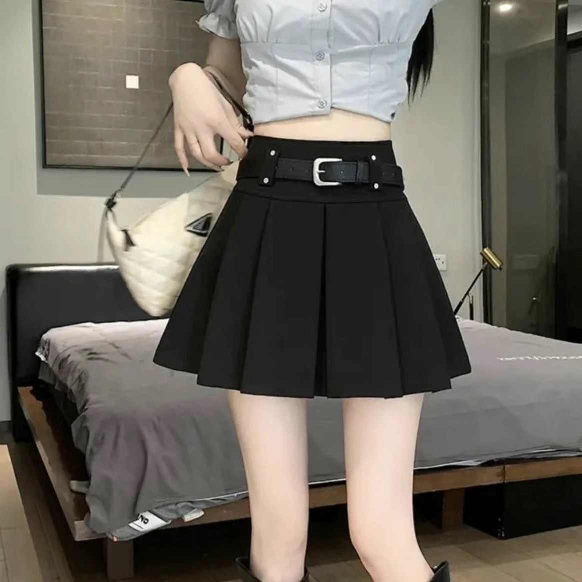 8280 - Gray pleated short skirt, new spring and autumn style, suit skirt, petite, high-waisted, slimming A-line skirt