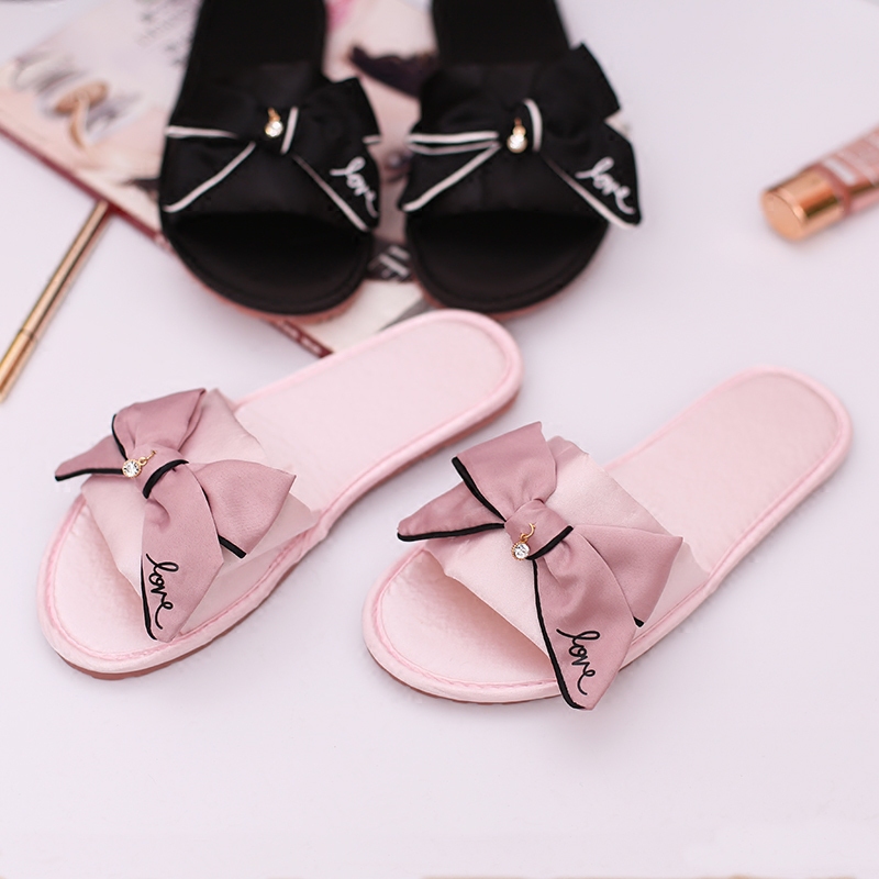 Korean Indoor Slippers for Women, Non-Slip, Cute Bowknot, Home Satin, All-Season Fabric, Light Luxury, Fashionable Home Slippers