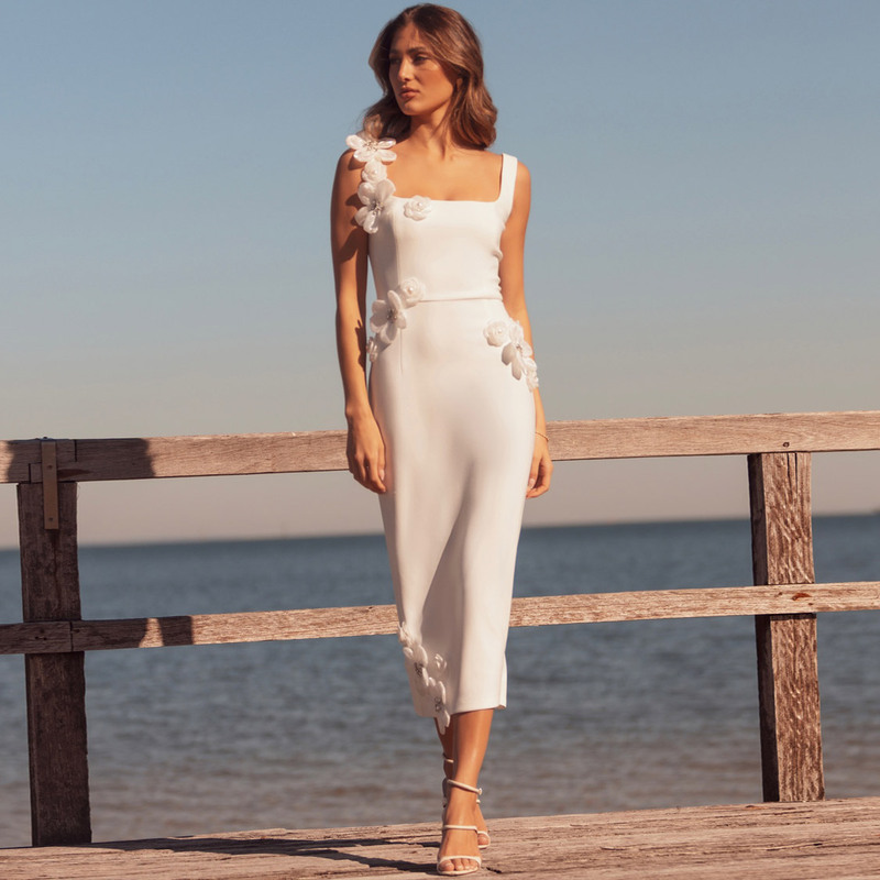 Three-Dimensional Floral Design, Heavily Beaded, Tight-Fitting, Sleeveless Tank Top, Mid-Length Dress, Luxury Party Dress for Wealthy Young Women