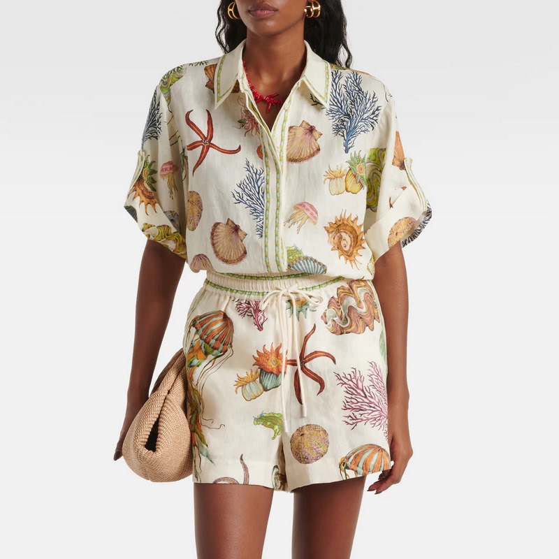 European Style Lapel Short-Sleeve Loose Shirt Top High-Waisted Elastic Wide-Leg Shorts Casual Petite Fashionable Set European Style Lapel Short-Sleeve Loose Shirt Top High-Waisted Elastic Wide-Leg Shorts Casual Petite Fashionable Set